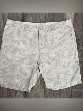 Tommy Bahama Light Beige LinenTropical-Print Flat Front Shorts 44